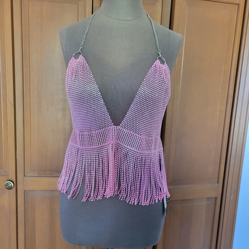 NWT PINK RHINESTONE FRINGE HALTER TOP